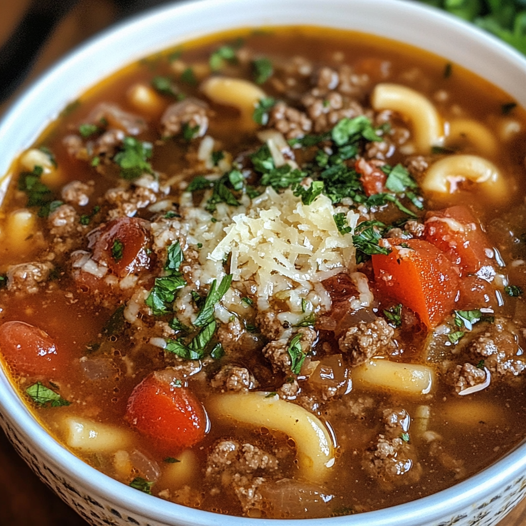 Hamburger Noodle Soup with Tomatoes and Parmesan