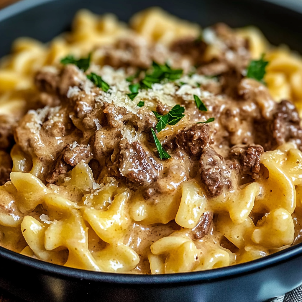 Slow Cooker Creamy Garlic Beef Pasta