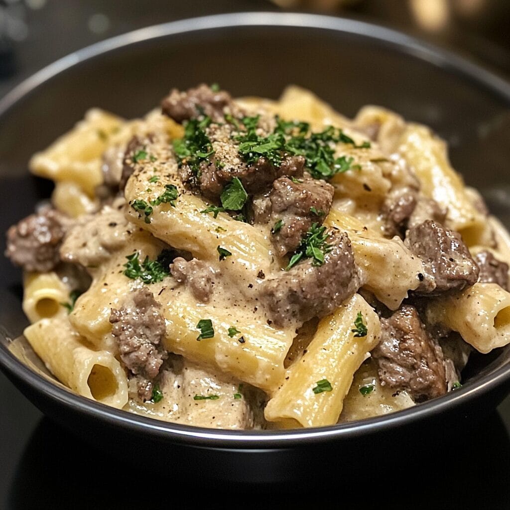 Slow Cooker Creamy Garlic Beef Pasta