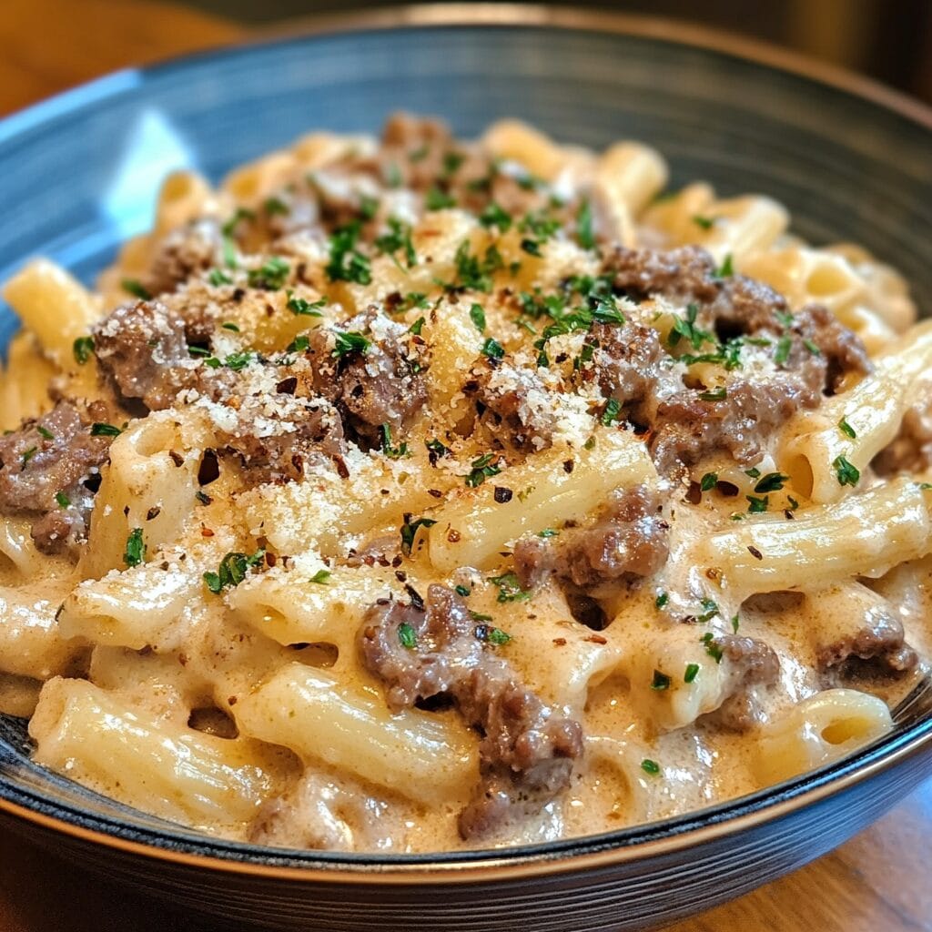 Slow Cooker Creamy Garlic Beef Pasta
