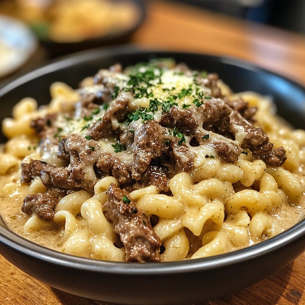 Slow Cooker Creamy Garlic Beef Pasta